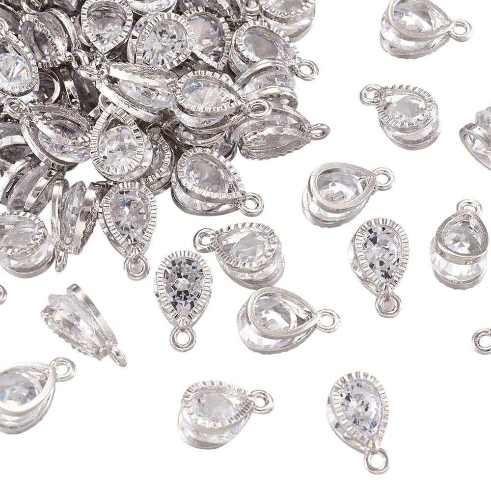 8387 Beadthoven 100pcs Cubic Zirconia Alloy Charms Drop Shaped Platinum